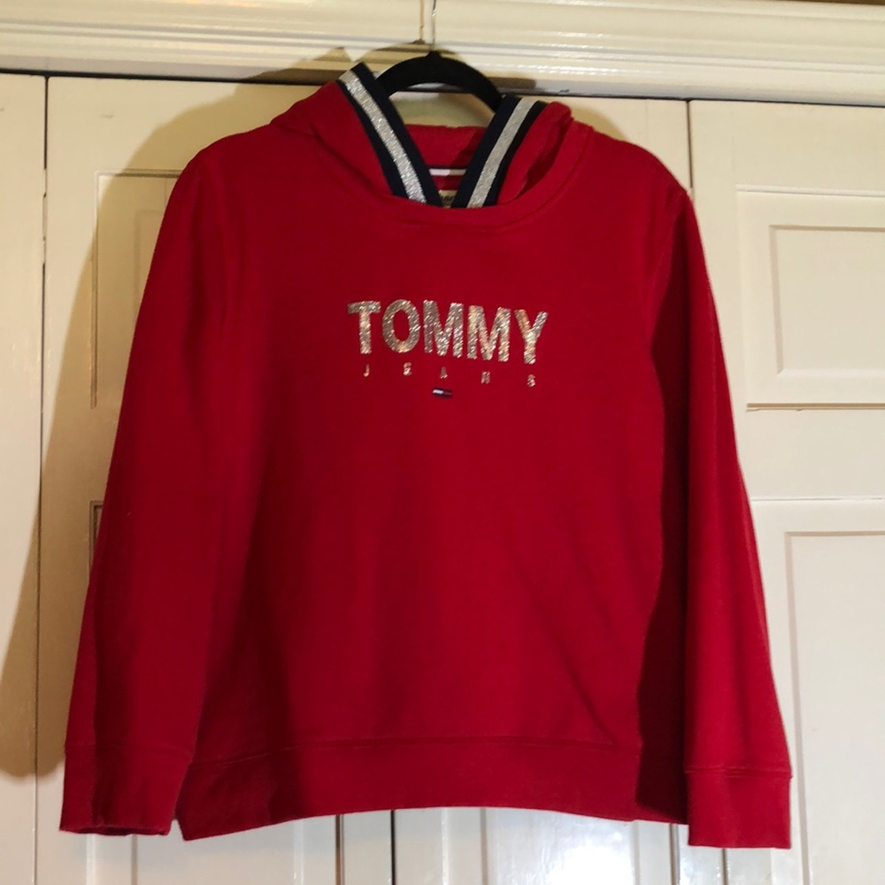 Tommy Jeans Hoodie Red Silver Metallic and Blue SZ XL